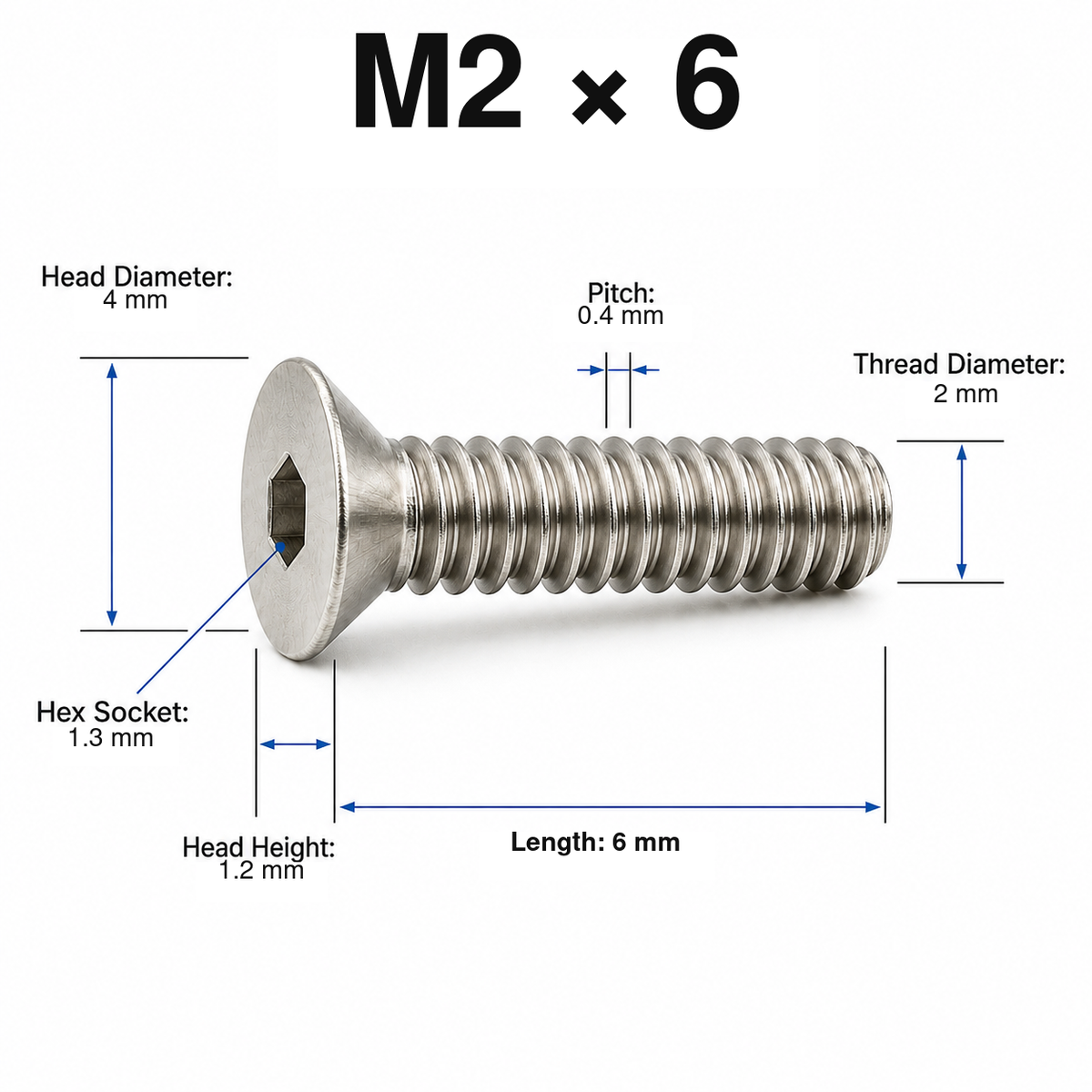 304 Stainless Steel Countersunk Hex Socket Screws – M2 × 6 mm