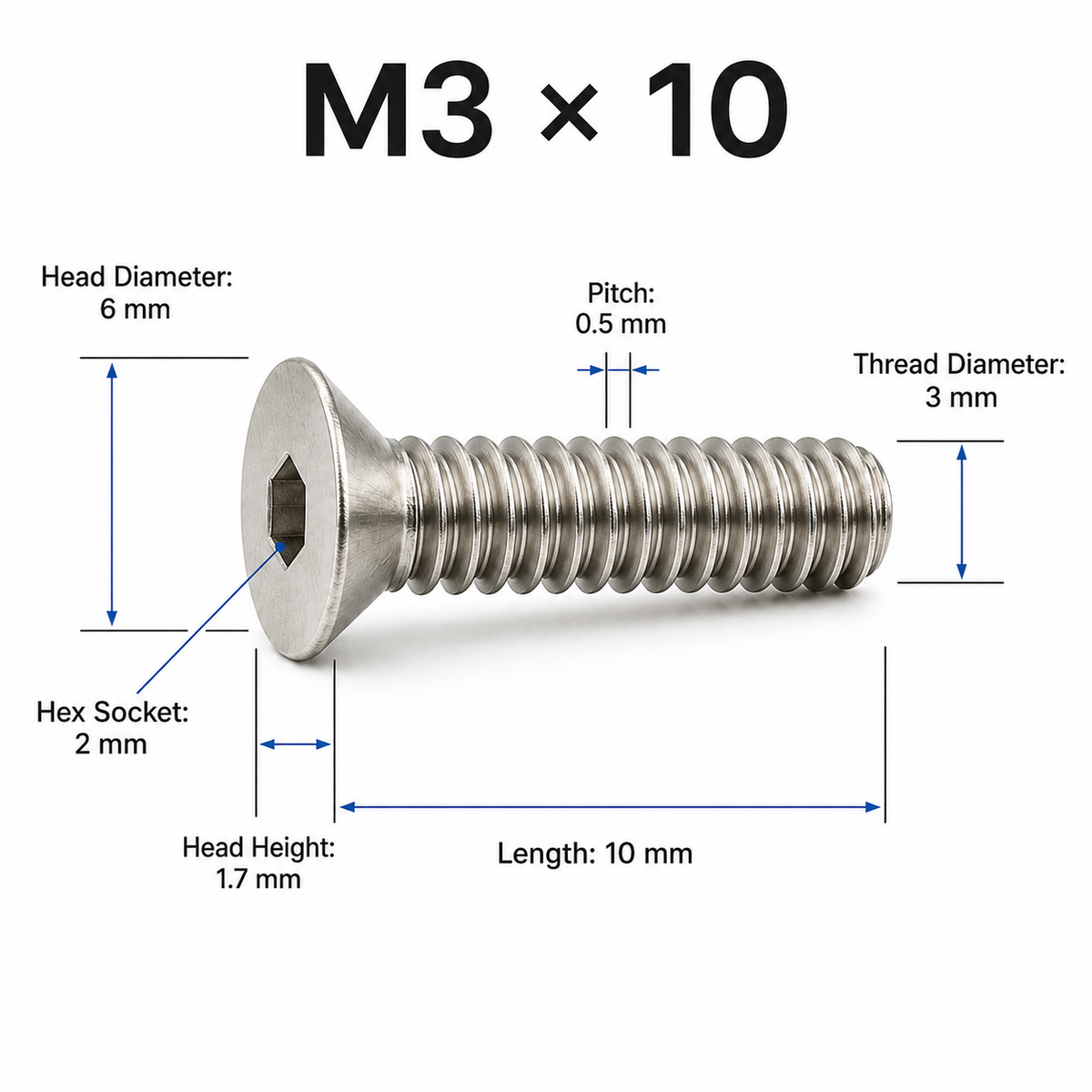304 Stainless Steel Countersunk Hex Socket Screws – M3 × 10 mm