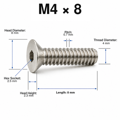 304 Stainless Steel Countersunk Hex Socket Screws – M4 × 8 mm