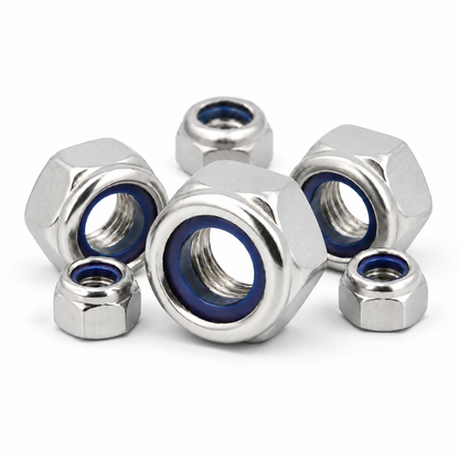 Stainless steel nylon insert lock nuts on white background