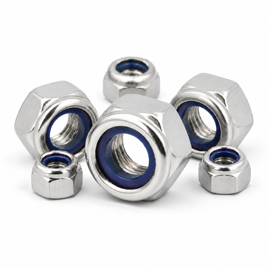 Stainless steel nylon insert lock nuts on white background