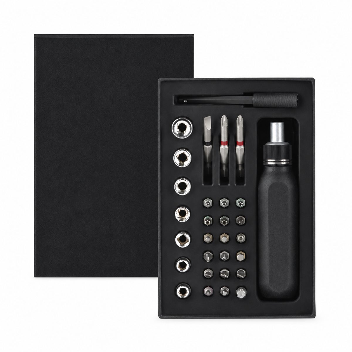 Ratchet and socket tool set on white background