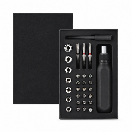 Ratchet and socket tool set on white background
