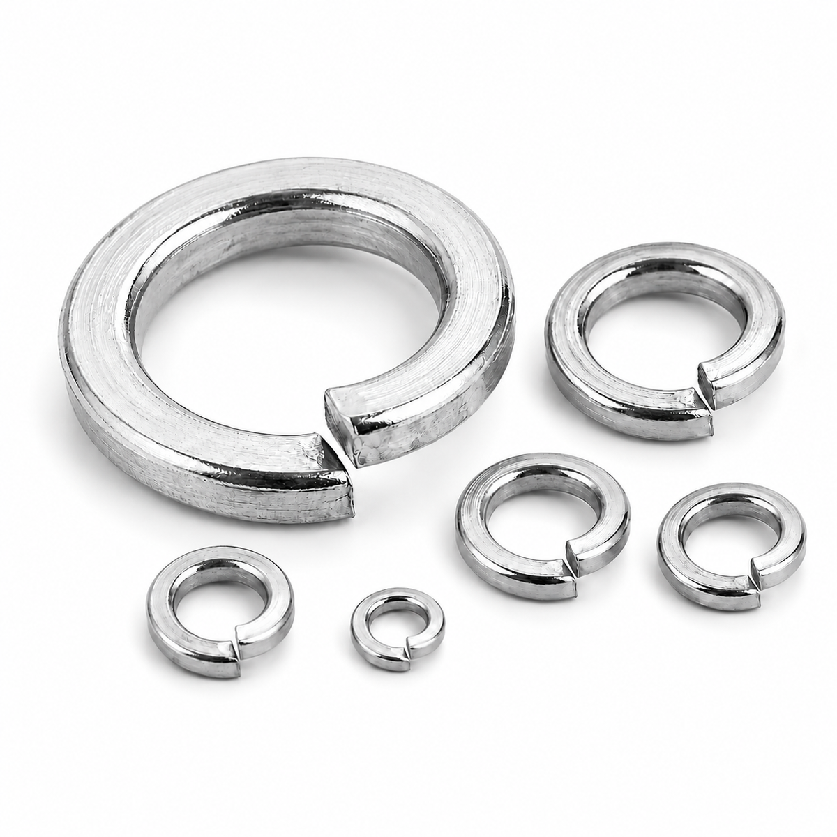 Stainless steel split lock washers on white background