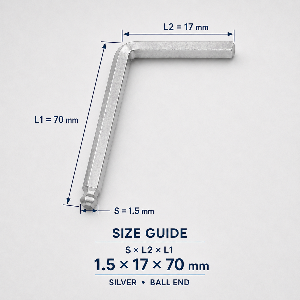 S2 Steel L-Shaped Hex Keys – 1.5x70mm Silver Ball