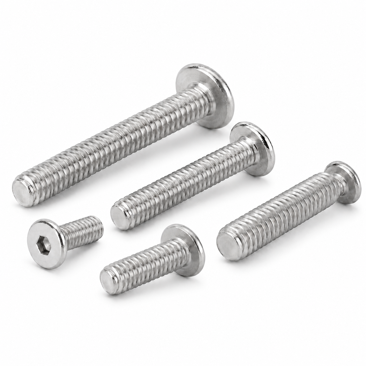Ultra-low-profile hex socket screws on white background