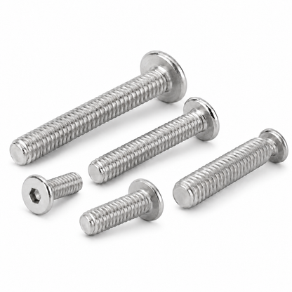 Ultra-low-profile hex socket screws on white background