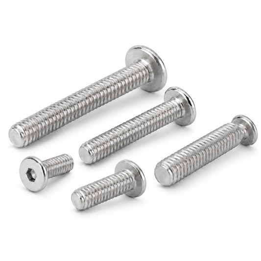 Ultra-low-profile hex socket screws on white background